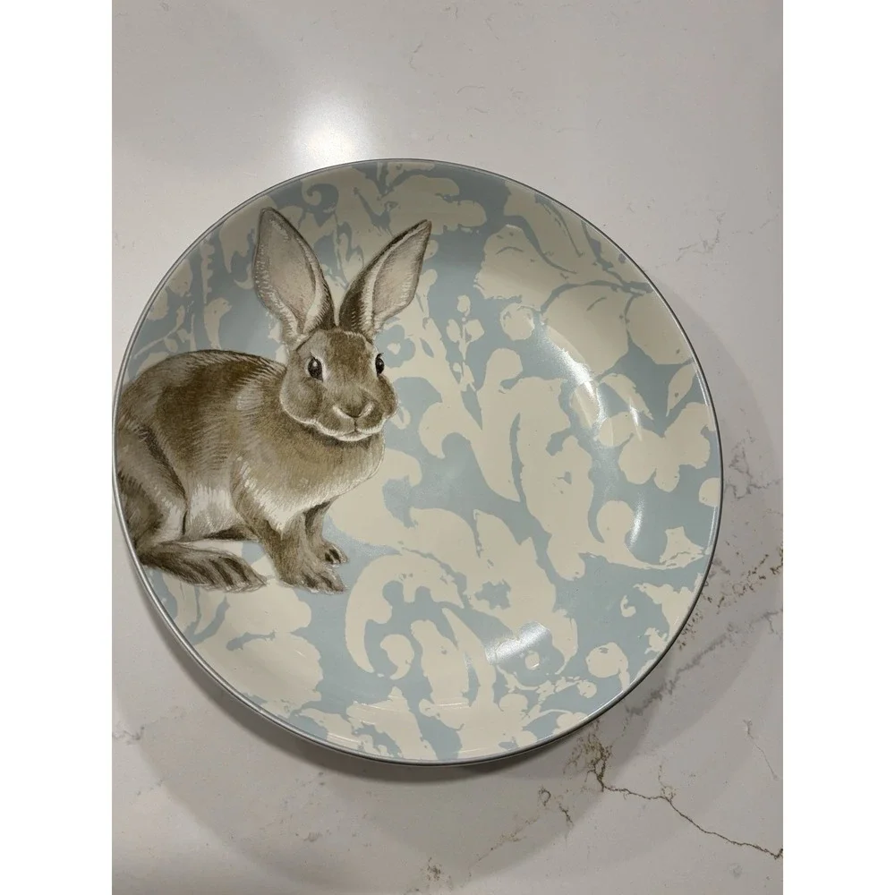 Williams Sonoma Damask Easter Bunny Large Round 3 Qt 12 3/4 Serving Bowl Lt Blue
